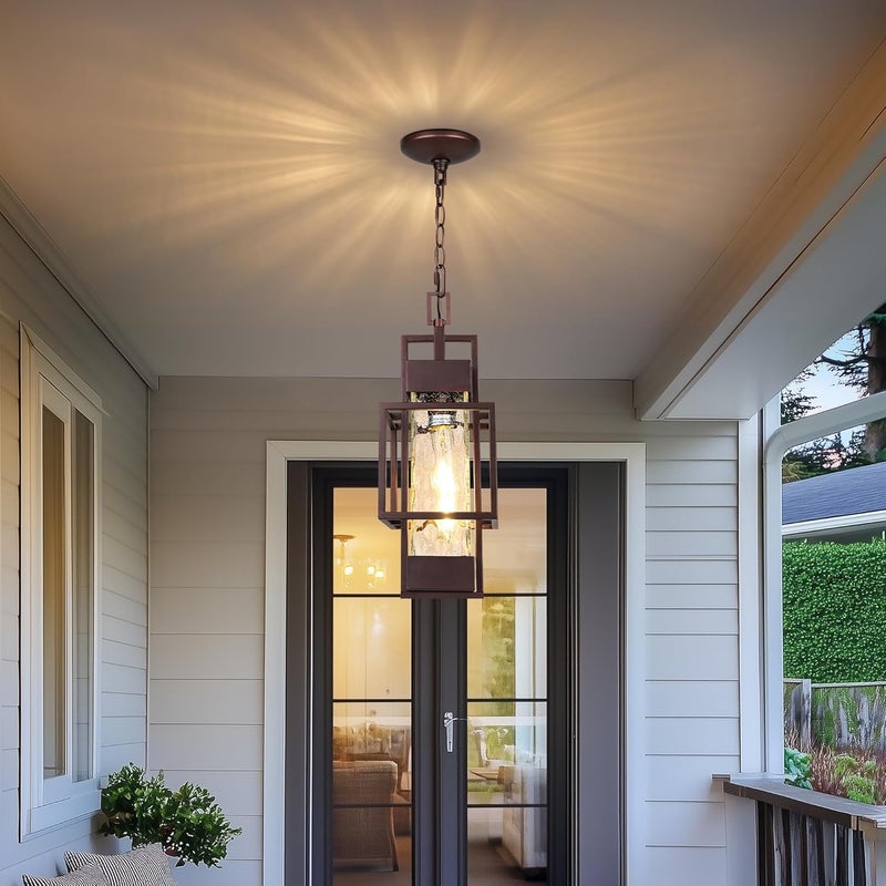 PARTPHONER 15" Outdoor Indoor Pendant Light Exterior Hanging Lantern, Modern Metal Outside Chandelier Light Fixture Ceiling Mount with Water Glass for Front Porch Entrance Foyer Entryway, Oil Rubbed Bronze - Image 1